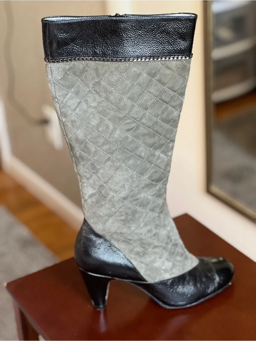 Taryn Rose Quilted Gray Suede and Black Leather Over-the-Knee Boots